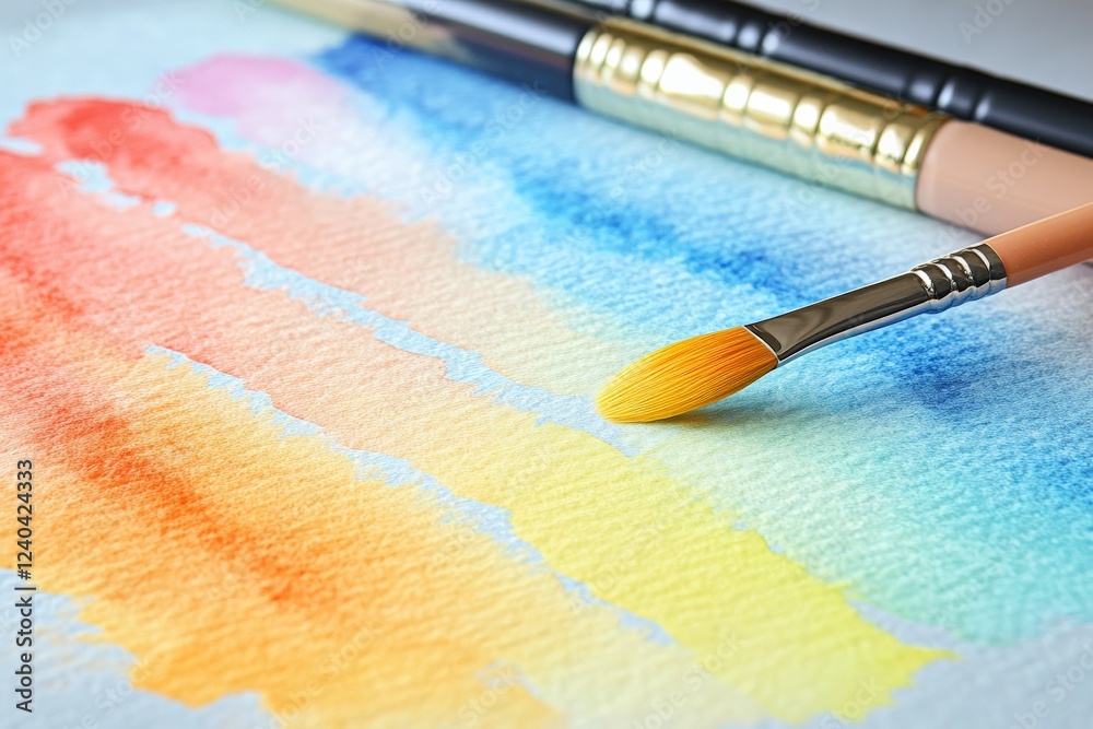 Poster vibrant watercolor painting tools and strokes captured in a creative workspace setting during daylig