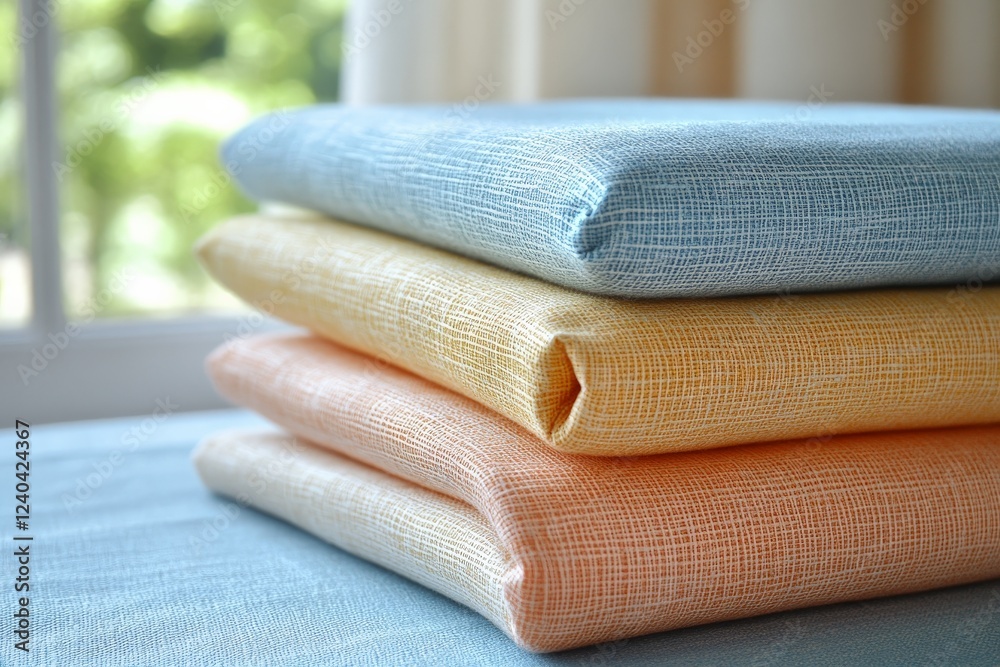 Poster Soft pastel linens stacked neatly on a table near a sunny window creating a cozy atmosphere