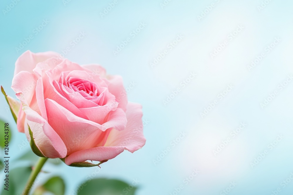 Aufkleber beautiful pink rose with soft petals against a light blue background for text insertion. generative 