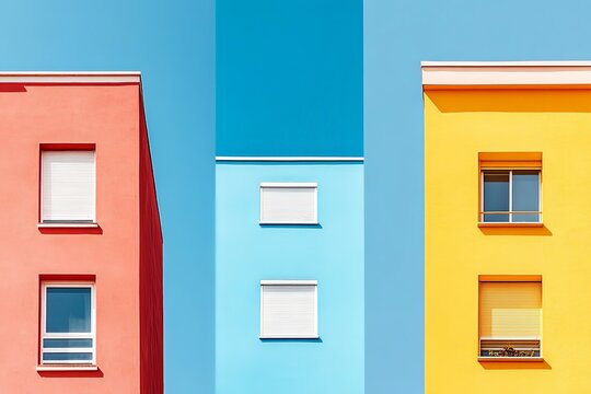 Colorful buildings with bright facades under a clear blue sky in an urban setting during daytime