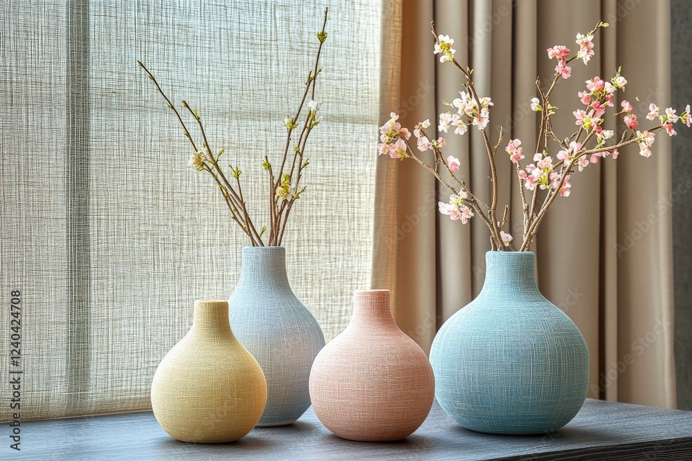 Aufkleber decorative vases with spring blossoms arranged on a modern windowsill in a bright room