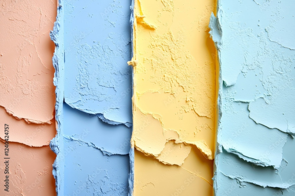Poster Layers of peeling paint in soft pastel colors create an interesting texture and visual contrast in a modern interior space