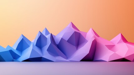 A vibrant, abstract landscape featuring colorful, faceted mountains against a warm gradient background.