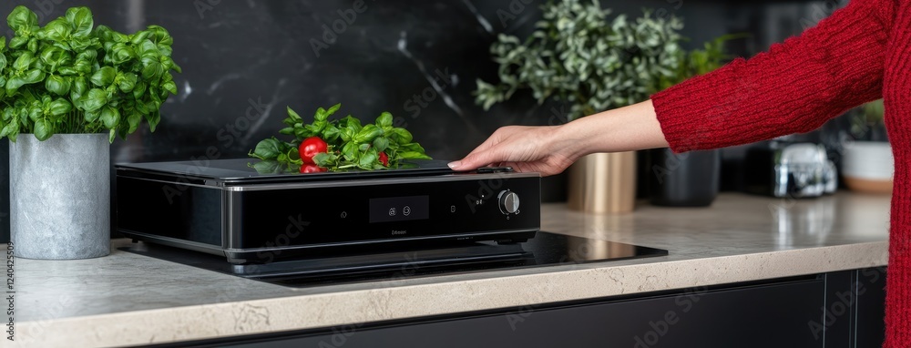 Wall mural A hand opens a modern oven, revealing a bright interior ready for baking tasty dishes in a stylish kitchen