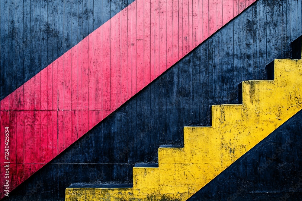 Poster Vibrant abstract mural with red and yellow diagonal patterns and textured stairs against a dark backdrop