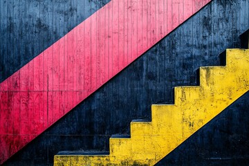 Naklejka premium Vibrant abstract mural with red and yellow diagonal patterns and textured stairs against a dark backdrop
