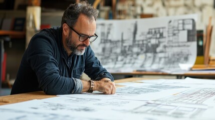 An art director reviewing design concepts on a large drafting table.