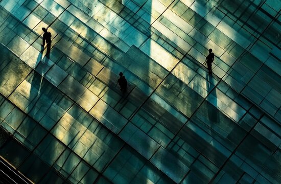Businesspeople walking glass floor, city backdrop, corporate