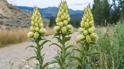 Fototapeta premium Three Pale Green Mountain Flowers on Dirt Road