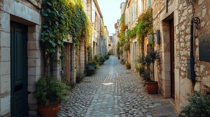 Fototapeta premium A serene cobblestone street flanked by charming stone buildings adorned with greenery and potted plants, inviting exploration and tranquility.
