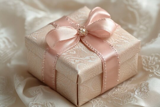 Elegant gift box wrapped in soft pink ribbon on a lace background suitable for special occasions