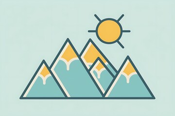 Clean linear icon of a mountain range with sun, in shades of light blue and yellow. Simple lines, minimalistic and natural design.