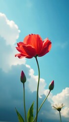 Obraz premium A delicate red flower nestled in the heart of a cloudless blue, cloudy skies, natural wonder