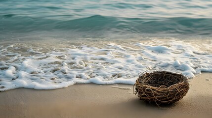 Obraz premium Simple bird's nest on a serene beach with gentle waves