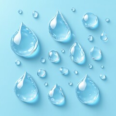 Beautiful droplets of water in various shapes scattered across a smooth blue surface create an artistic and refreshing visual experience