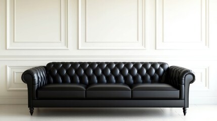 Black Leather Tufted Sofa Against White Paneled Wall