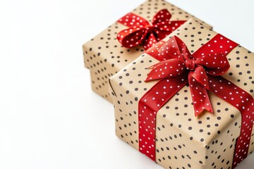 Festive wrapped gifts decorated with red ribbons and polka dots on a light background ready for celebration