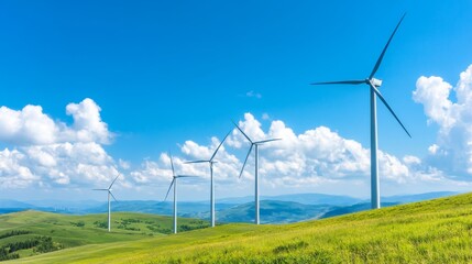 Bright wind turbines rise against a blue sky, highlighting clean energy and eco-awareness, Earth Day concept
