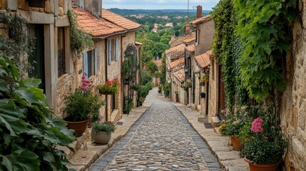 Fototapeta premium A charming cobblestone street lined with quaint houses adorned with greenery and flowers, leading to picturesque views of the countryside.