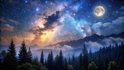 Fototapeta premium atmospheric, clouds at night, outdoor, landscape, wilderness, mountains, lunar, silhouette, nature, nighttime, starry sky, forest