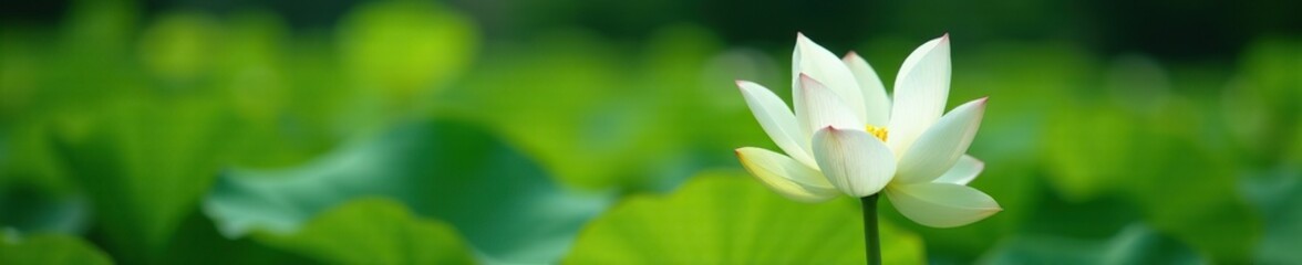 A delicate white lotus lily rises from a bed of greenery, garden, summer blooms, foliage