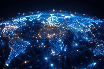 Global interconnectedness represented through a digital network of lights over a map of the world at night