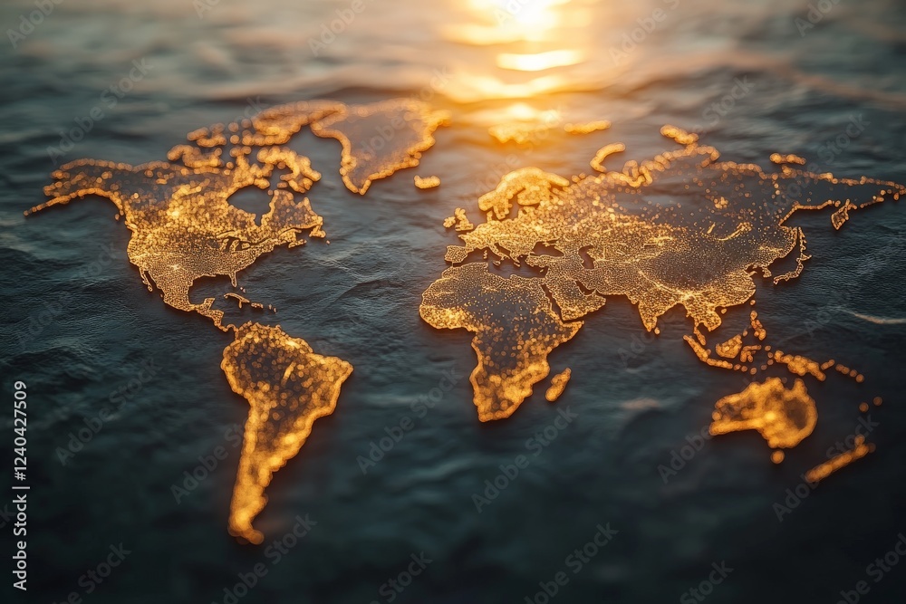 Poster detailed world map illuminated by warm sunlight reflected on water surface at dawn showcasing global