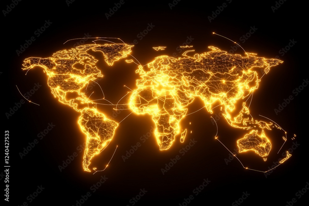 Poster Global network visualization with glowing connections and illuminated continents on dark background