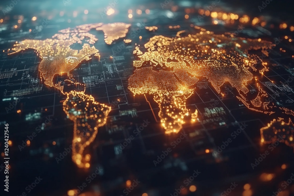 Aufkleber Visual representation of the world map with illuminated cities and digital grid at night