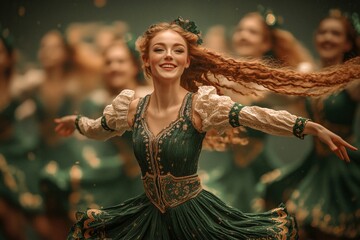 Young woman in an elaborate green Irish dance dress with golden embroidery, twirling with joy during a traditional dance performance.