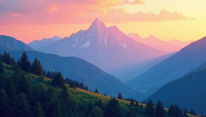 Obraz premium A dreamy blend of orange and blue hues fades over a serene mountain landscape, nature, peaceful