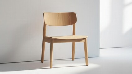 Modern Wooden Dining Chair: A stylish, modern wooden dining chair in light natural wood, featuring a simple yet elegant design. The chair's smooth.