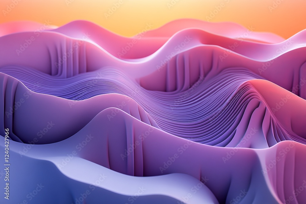 Poster Colorful abstract waves create a dynamic landscape of texture and depth at sunset in a digital artwork