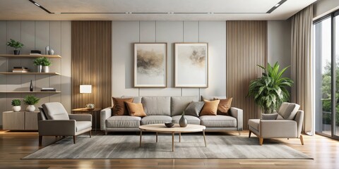 Fototapeta premium A sleek and modern living room with a large wall featuring a beautifully framed artwork, surrounded by comfortable furniture and decorative items , interior decor, minimalist