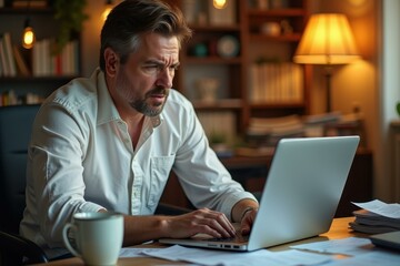 Focused man with beard and white shirt working on laptop at wooden desk with papers and coffee cup in cozy home office during evening, perfect for business, remote work, productivity themes warm ligh