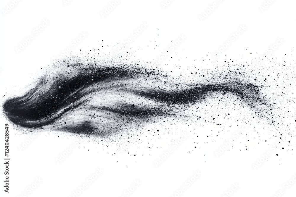 Poster abstract black and white illustration of flowing shapes and particles in a fluid motion