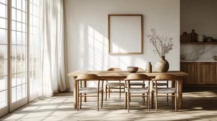 Bright Dining Area with Natural Light and Wooden Decor. Generative AI