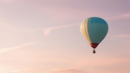 Fototapeta premium Pastel Sky, Solo Hot Air Balloon: A single, pastel-colored hot air balloon floats serenely against a soft, pinkish-orange sunrise or sunset sky, evoking a sense of peace and adventure. 