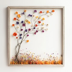 A simple, minimalist floral tree made of small flowers in the shape of grass, in shades of orange, purple, and yellow, against a white background with a thin, light wood frame. 