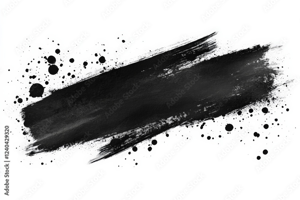 Poster black paint splash with dynamic brush strokes and splatters on a white background, showcasing artist