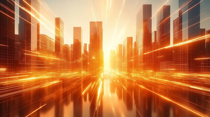 Obraz premium Technology-sense golden shuttle lines city skyline business theme background