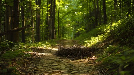 Peaceful nature trail with a bird's nest on a low branch