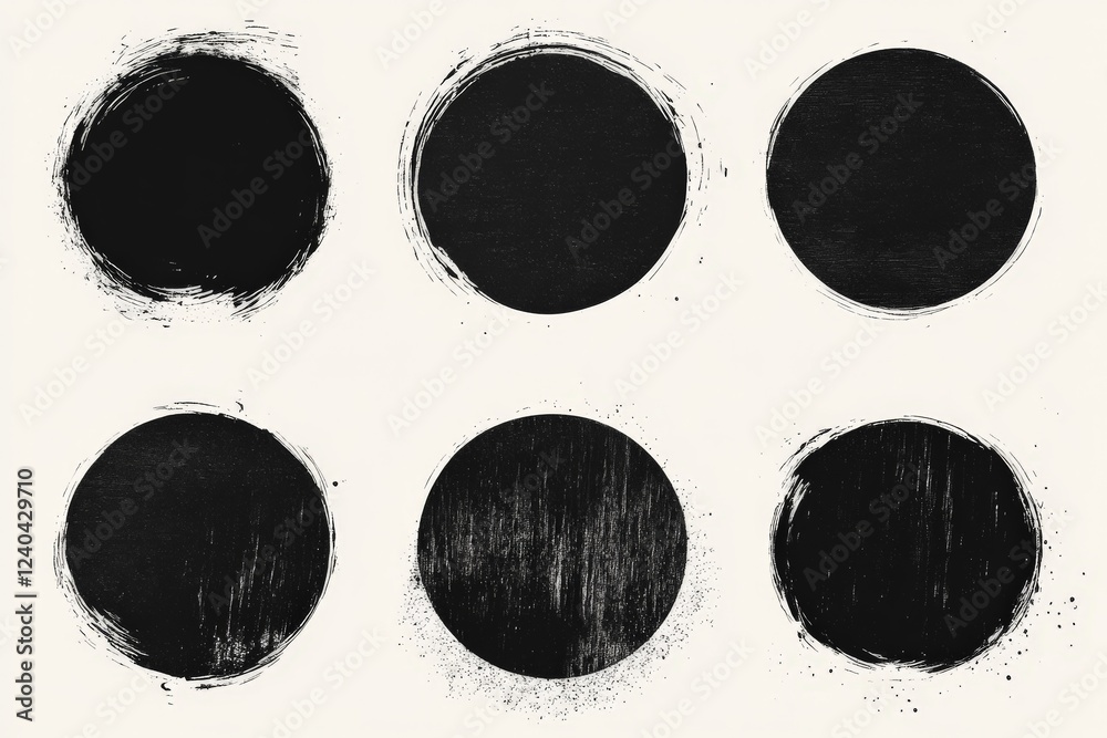 Leinwandbilder Multiple black circular brushstroke patterns on a light background showcasing varying textures and styles