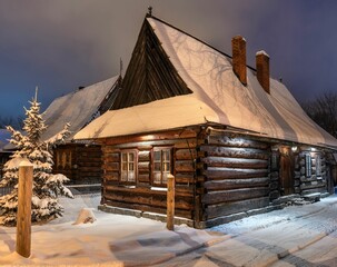 Zakopane: Drewniane domy i wille w zimowy wieczór z dużą ilością śniegu © Michal45