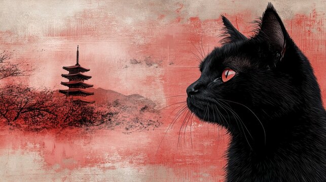 Black cat gazing Japan pagoda sunset art print