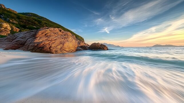Serene Sunset Beach Landscape, Golden Rocks and Soft Waves - Powered by Adobe