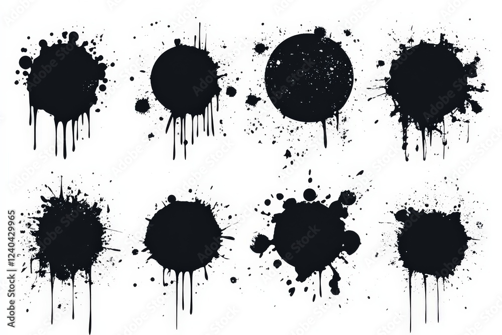 Poster black paint splatters and circles create abstract designs on white background