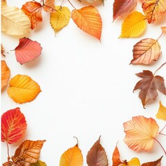 Obraz premium Colorful autumn leaves arranged in a circular pattern on a blank background inviting creative text addition. Generative AI