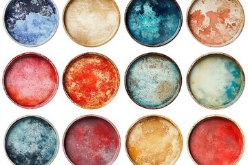 Discovering a vibrant collection of circular paint palettes showcasing various textures and colors in a creative setting