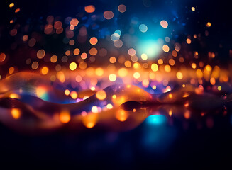 Abstract image of glowing, colorful particles forming undulating, luminous waves against a dark...